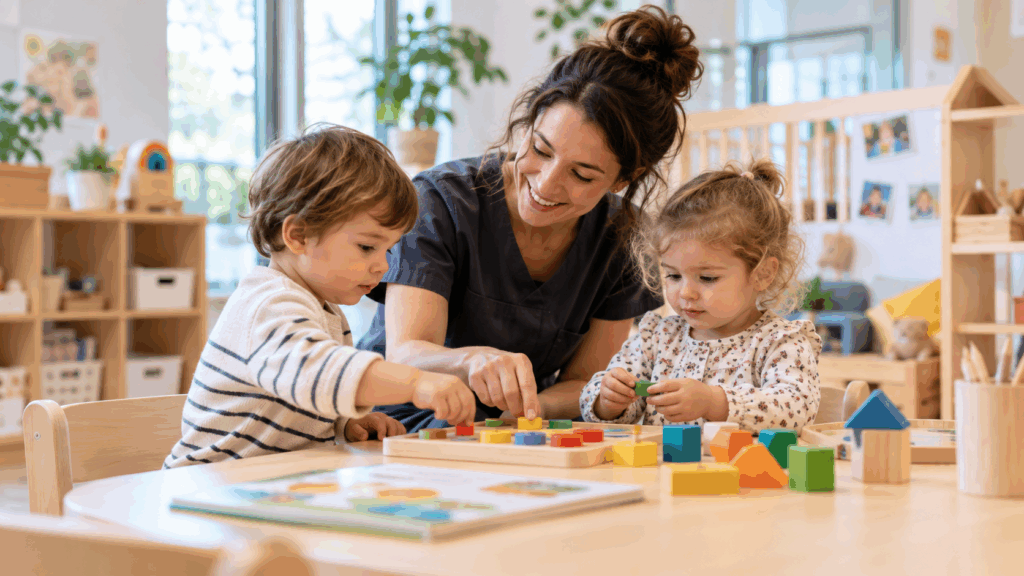 Professionnelle de la petite enfance accompagnant deux jeunes enfants lors d'une activité éducative en crèche.